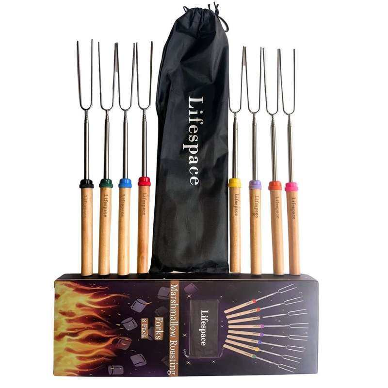 Lifespace Marshmallow Telescopic Roasting Forks (8Pce) with Wooden Handle