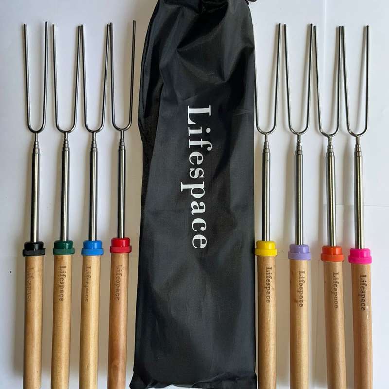Lifespace Marshmallow Telescopic Roasting Forks (8Pce) with Wooden Handle