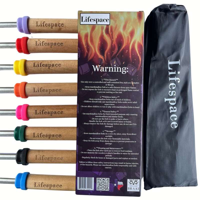 Lifespace Marshmallow Telescopic Roasting Forks (8Pce) with Wooden Handle