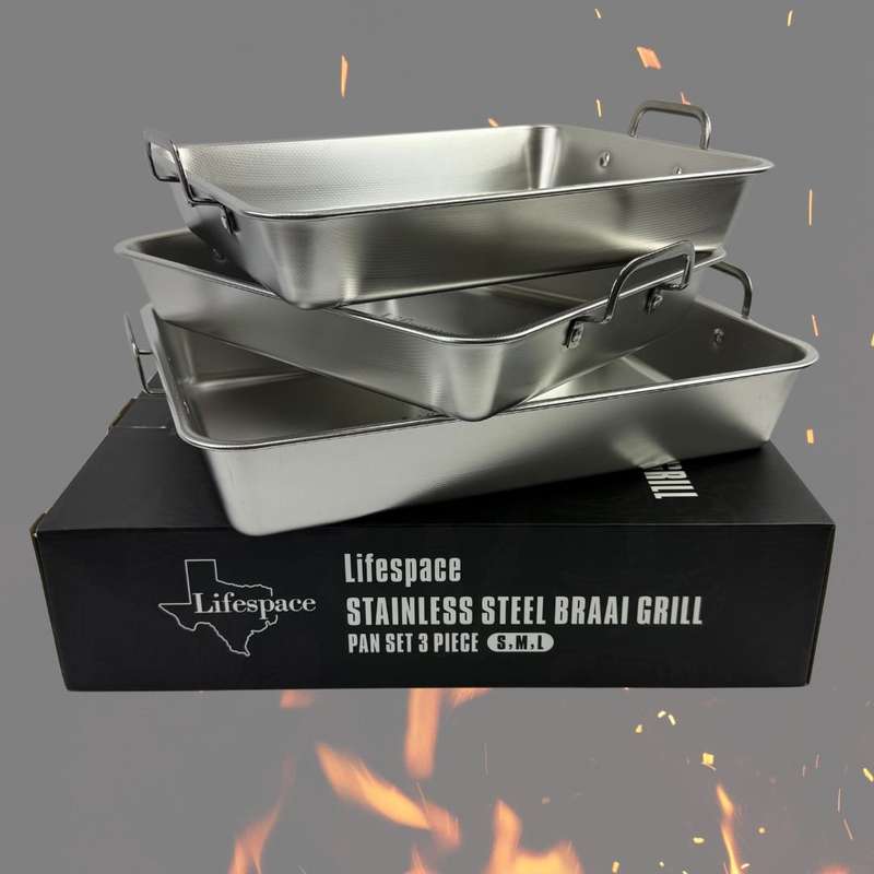 Lifespace Premium Quality 304 S/S Braai Pan Set with Micro-textured Base- S, M, L