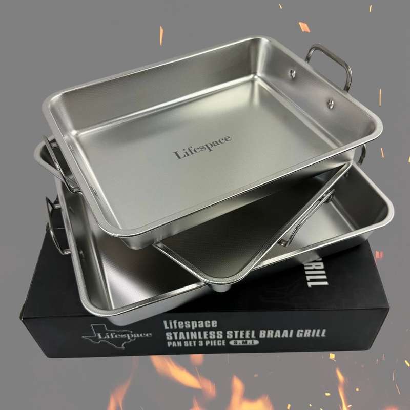 Lifespace Premium Quality 304 S/S Braai Pan Set with Micro-textured Base- S, M, L