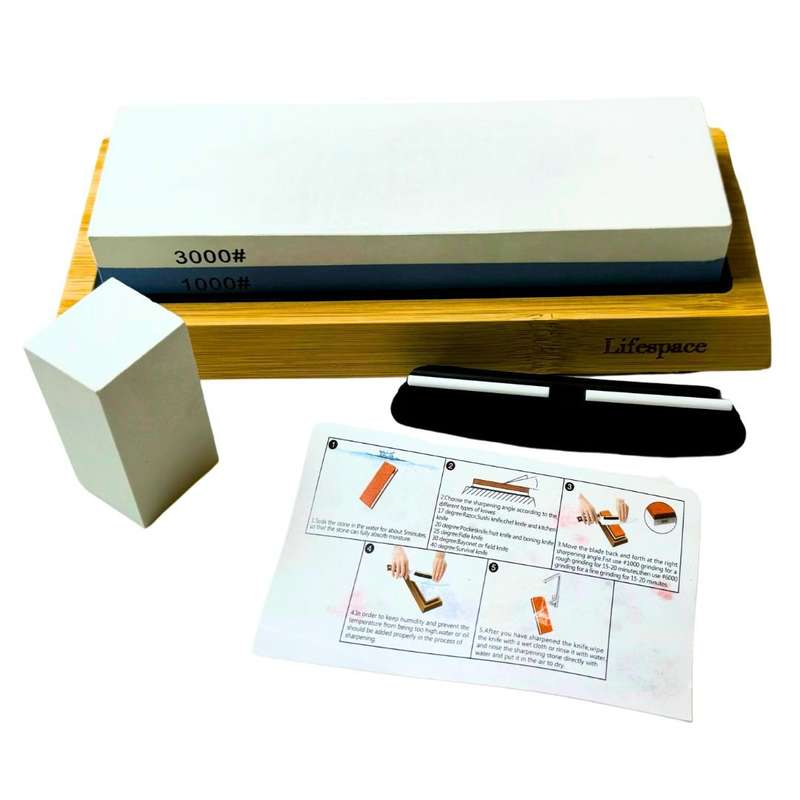 Lifespace Premium Whetstone Dual Sided 1000/3000 Grit, Sharpening Stone, Non-Slip Bamboo Base & A...