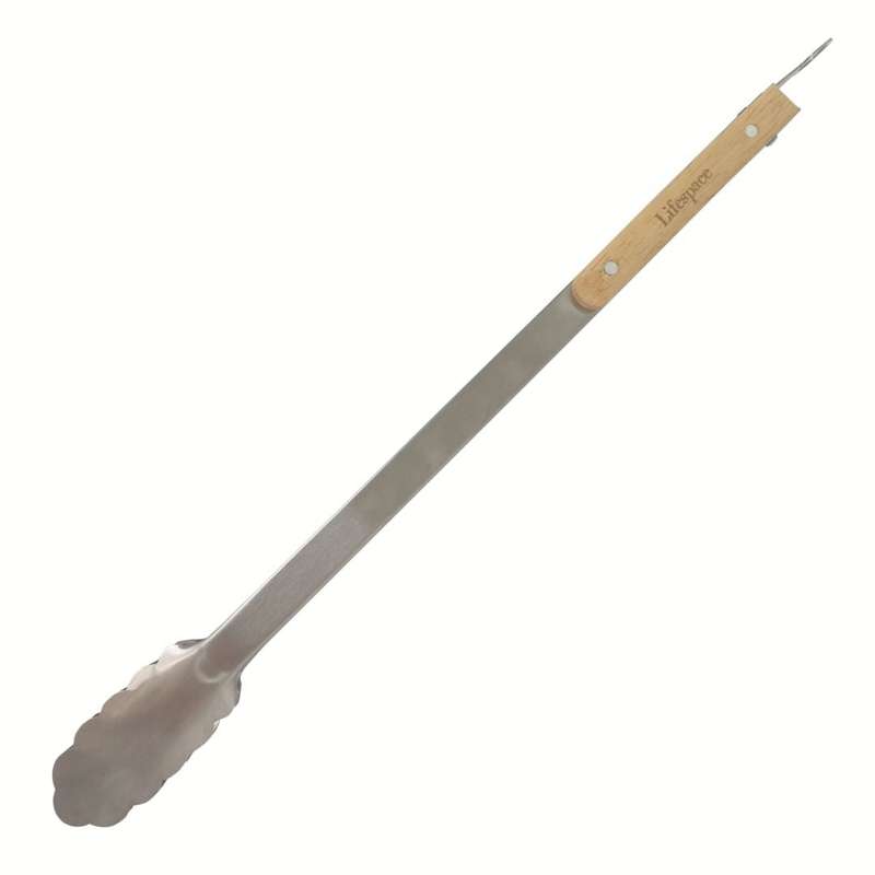 Lifespace Quality Stainless Steel Braai & Salad Tongs with Wood Handle - 40cm