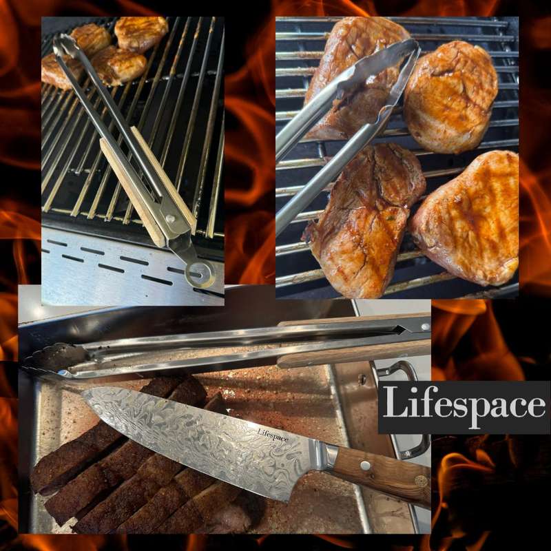 Lifespace Quality Stainless Steel Braai & Salad Tongs with Wood Handle - 40cm