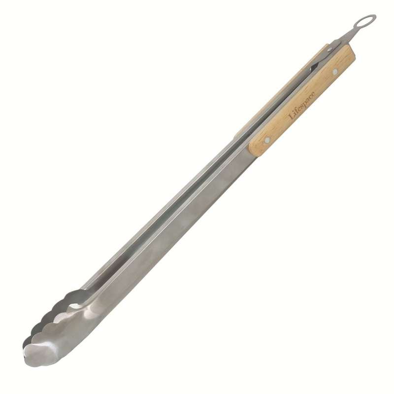 Lifespace Quality Stainless Steel Braai & Salad Tongs with Wood Handle - 40cm