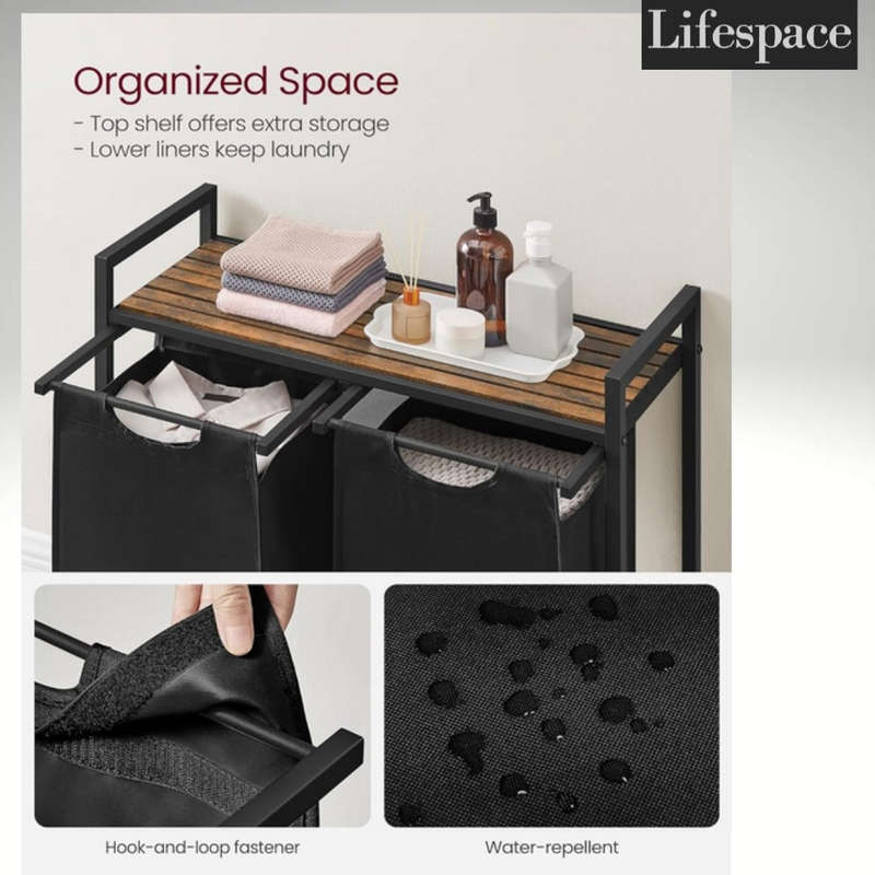 Lifespace Rustic Industrial Double Laundry Basket Hamper with Sorting Shelf
