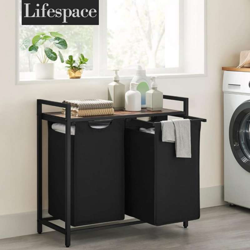 Lifespace Rustic Industrial Double Laundry Basket Hamper with Sorting Shelf