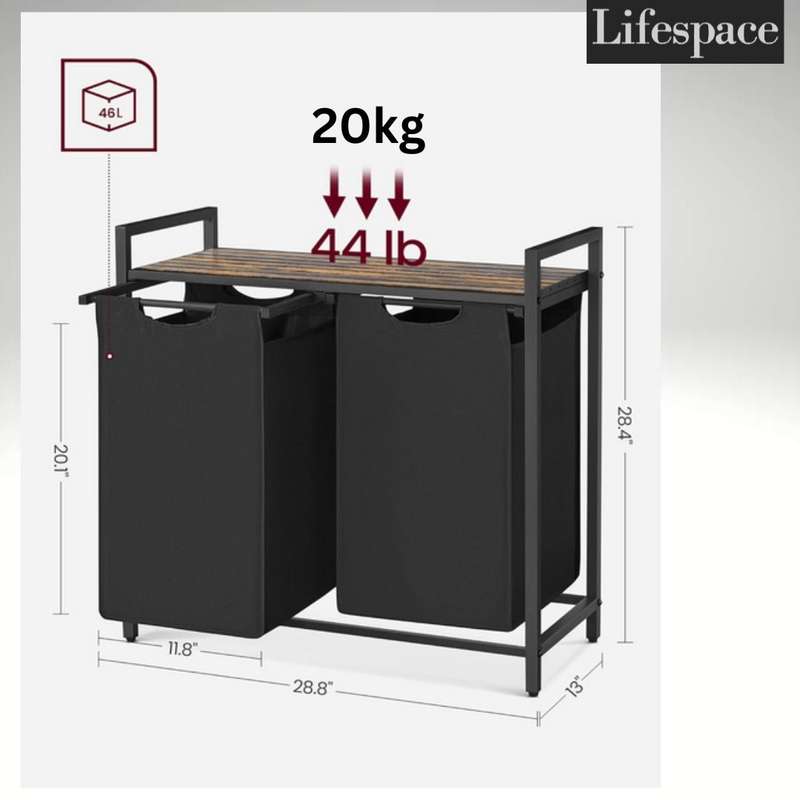 Lifespace Rustic Industrial Double Laundry Basket Hamper with Sorting Shelf