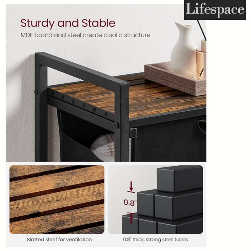 Lifespace Rustic Industrial Double Laundry Basket Hamper with Sorting Shelf