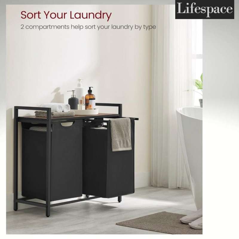 Lifespace Rustic Industrial Double Laundry Basket Hamper with Sorting Shelf