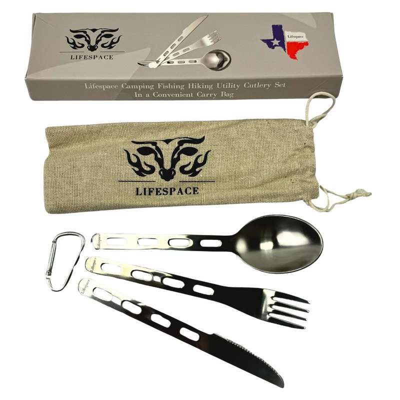 Lifespace S/S Camping Fishing Hiking Utility Cutlery Set w/ Bag & Carabiner