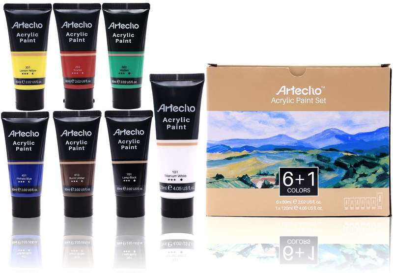 Artecho Acrylic Paint Set, 7 Primary Colours - 6 x 60ml & 1 x 120ml Titanium White Acrylic Paint