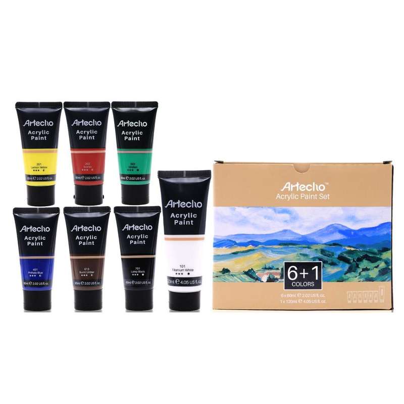 Artecho Acrylic Paint Set, 7 Primary Colours - 6 x 60ml & 1 x 120ml Titanium White Acrylic Paint