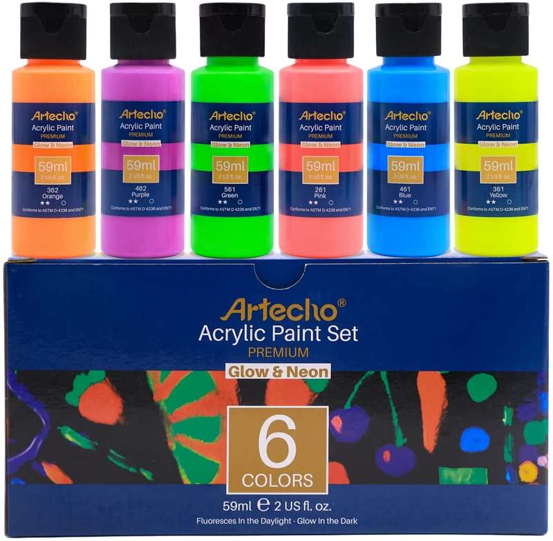 Artecho Glow in the Dark Paint - Set of 6 Colours, 60ml Acrylic Paints