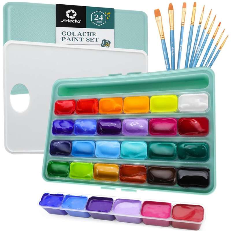 Artecho Gouache Paint Set, 24 Colours (30ml) with 10 Brushes & a Palette