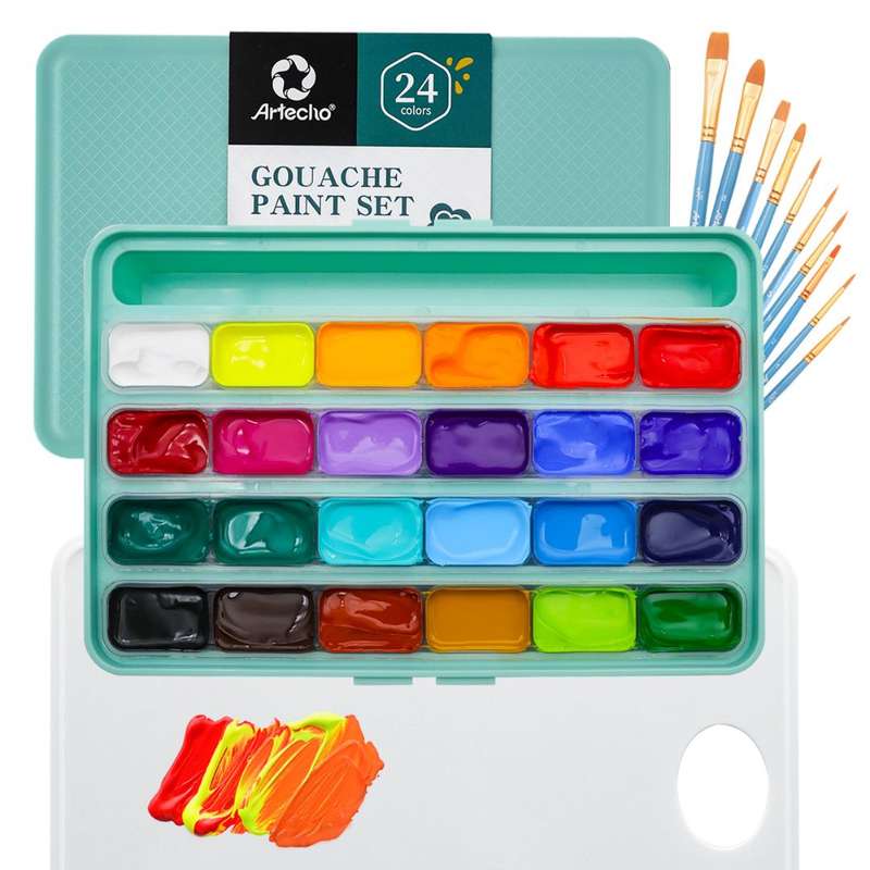 Artecho Gouache Paint Set, 24 Colours (30ml) with 10 Brushes & a Palette