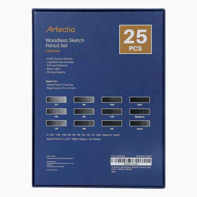 Artecho Premium Black Charcoal 24 Woodless Pencil Set & 50 Page Sketch Pad