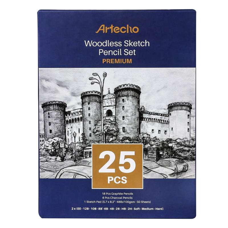 Artecho Premium Black Charcoal 24 Woodless Pencil Set & 50 Page Sketch Pad