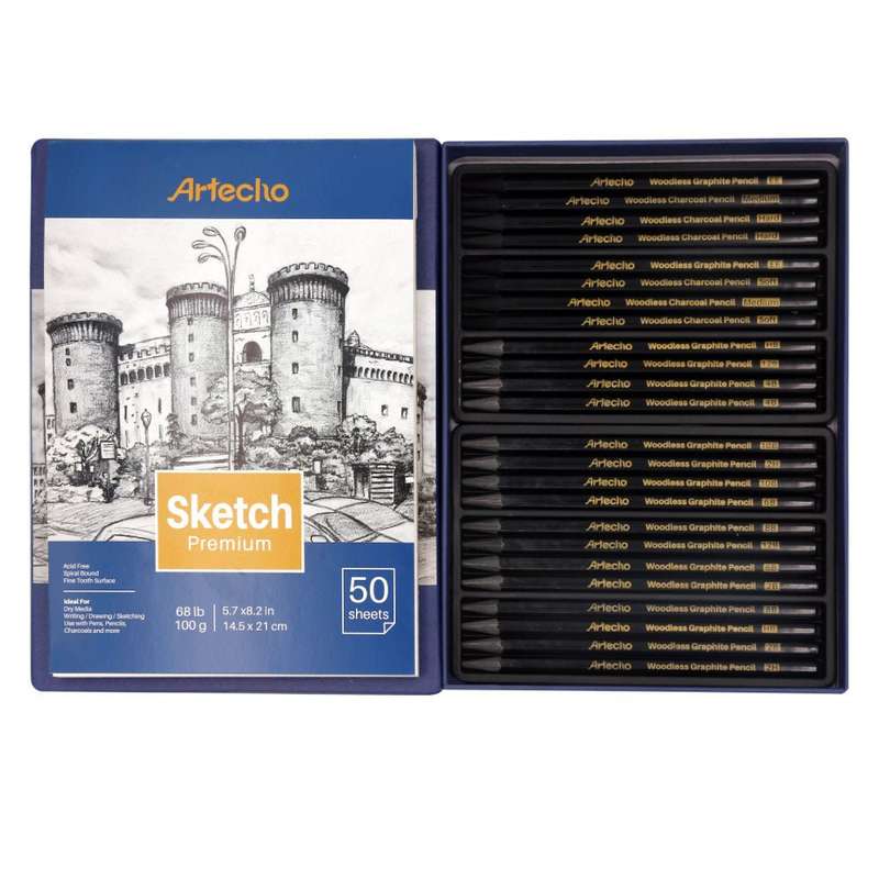 Artecho Premium Black Charcoal 24 Woodless Pencil Set & 50 Page Sketch Pad
