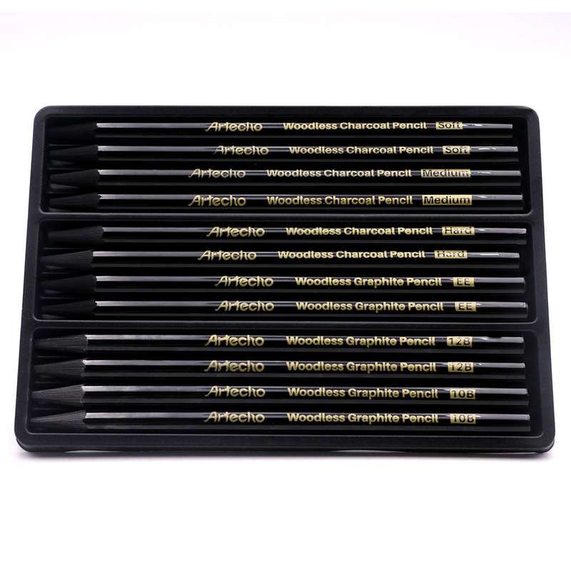 Artecho Premium Black Charcoal 24 Woodless Pencil Set & 50 Page Sketch Pad