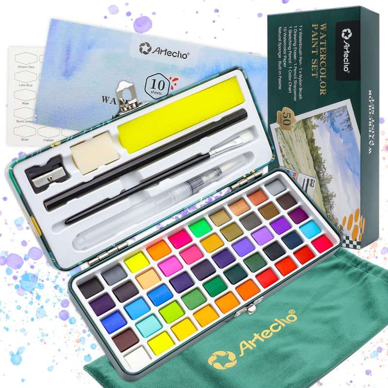 Artecho Professional Watercolour Paint Set in Tin Case with Accessories