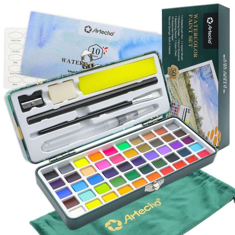 Artecho Professional Watercolour Paint Set in Tin Case with Accessories