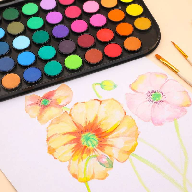 Artecho Watercolour Paint Set with 3 Brushes in a Plastic Case - Student 48 Colour