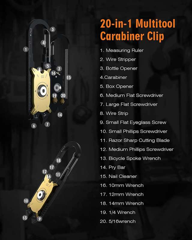 Lifespace 20-in-1 Multitool with Carabiner Clip & Keychain