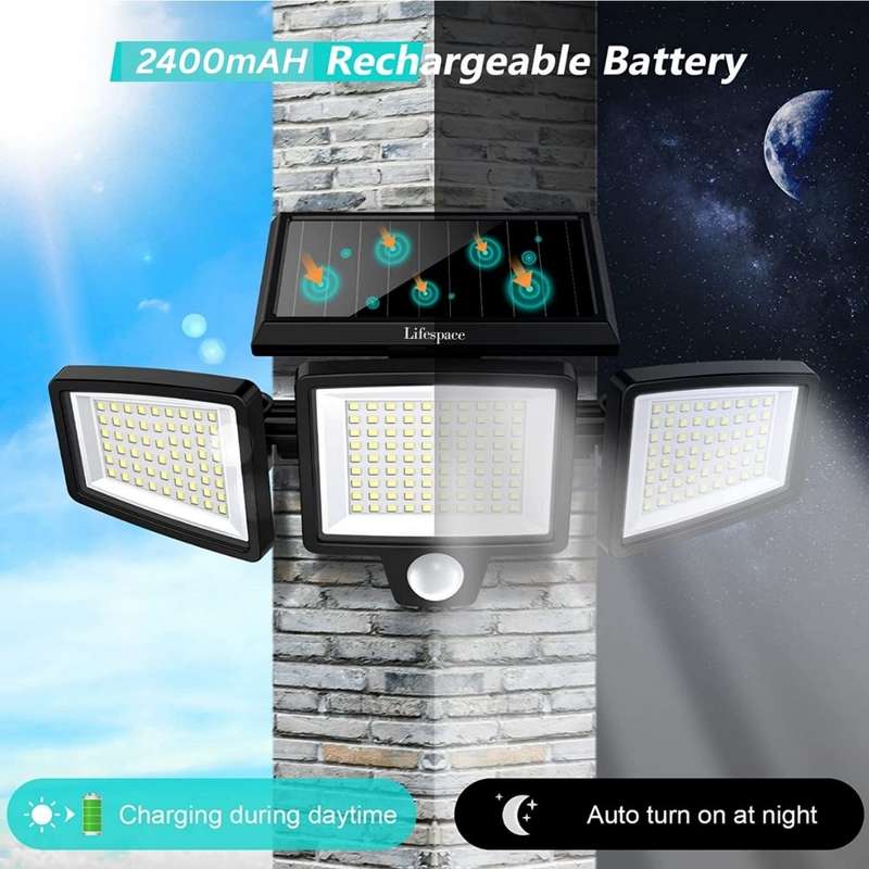 Lifespace 210 LED 300lm Solar Security Flood Light With 3 Heads