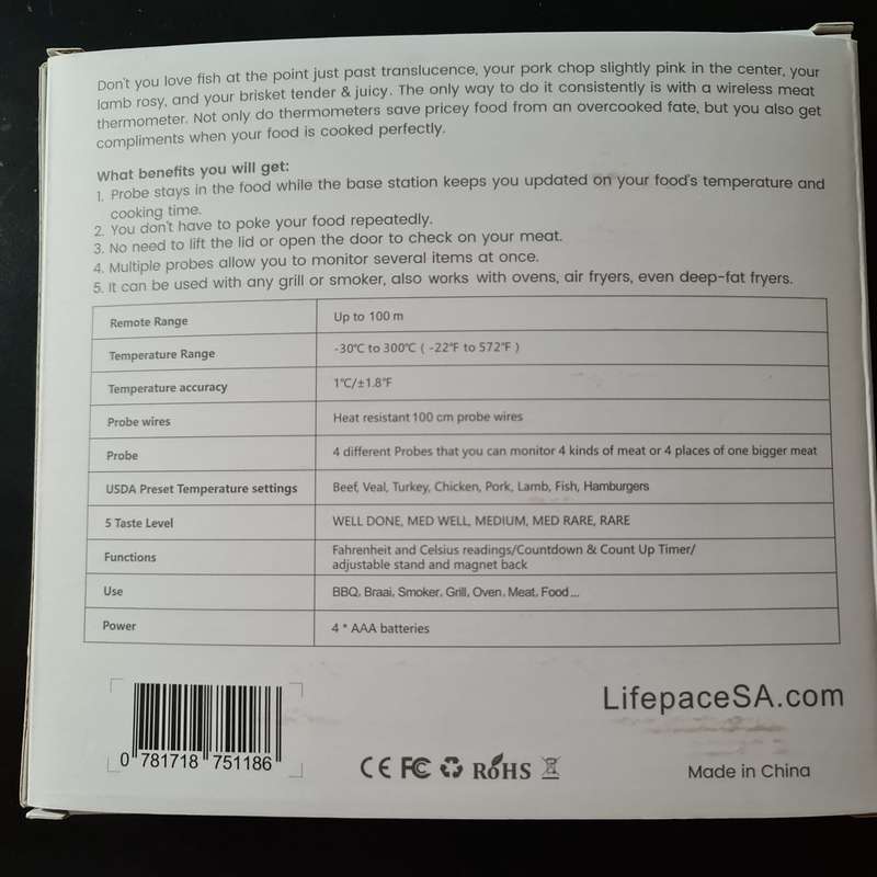 Lifespace 4 Probe 100m Wireless Cooking Meat Thermometer