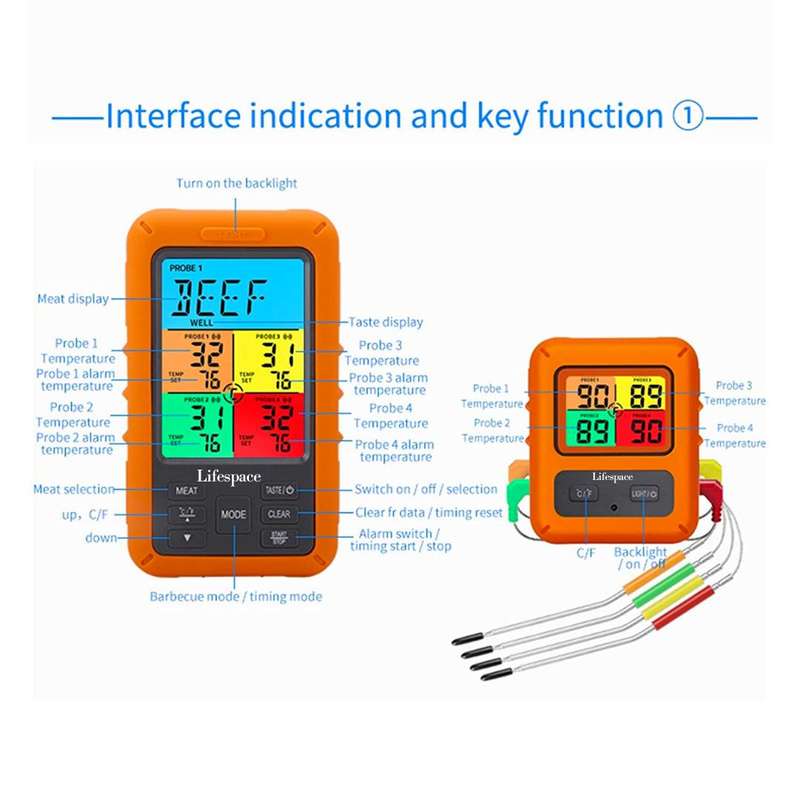 Lifespace 4 Probe Wireless Thermometer - Orange