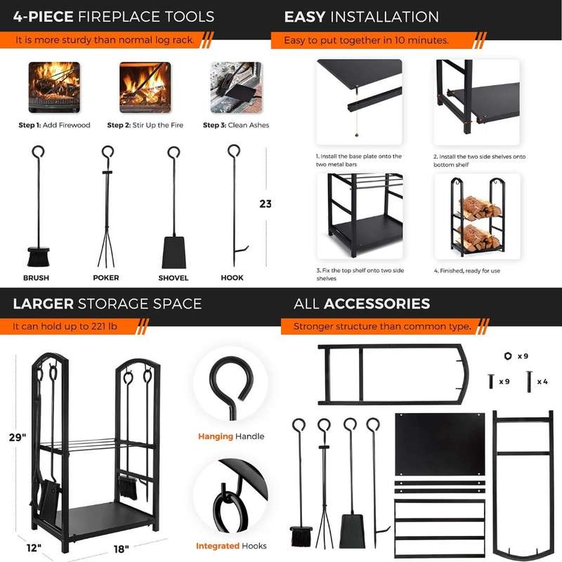 Lifespace Log Holder Set with 4 x Fireplace Tools