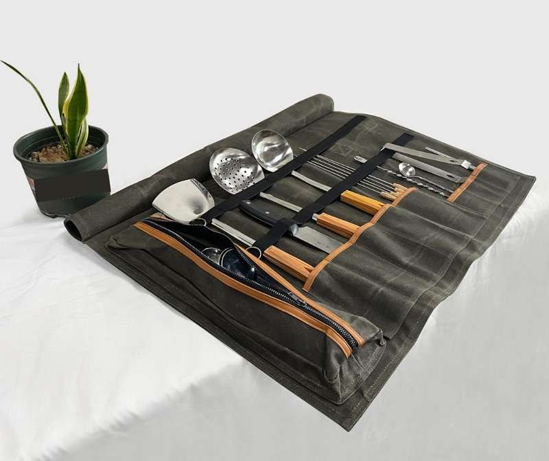 Lifespace Premium Leather & Waxed Canvas Utensil & Knife Roll - 8 Slots & Zip Pouch