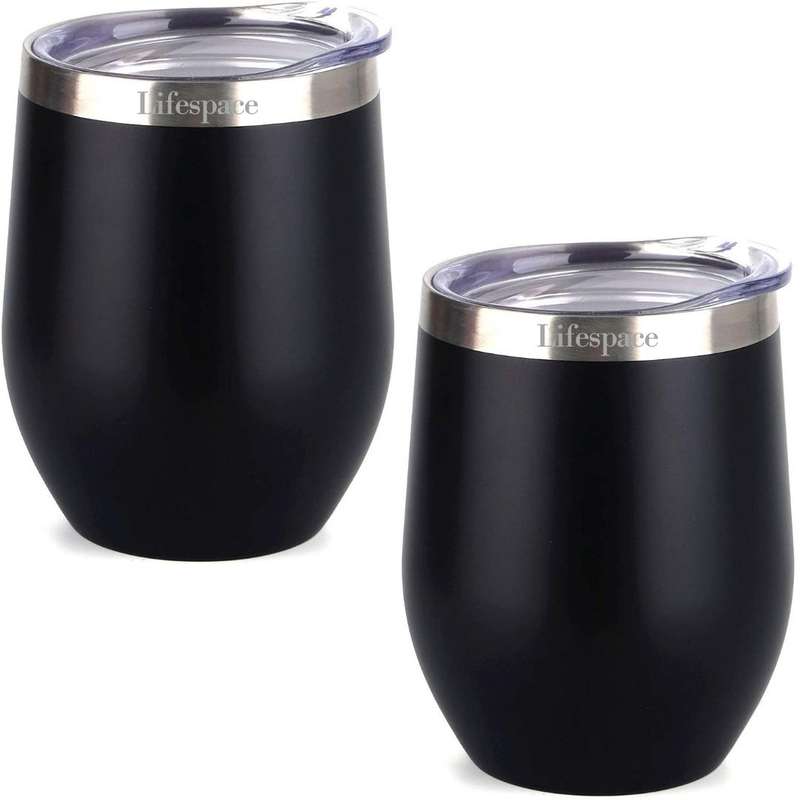 Lifespace Premium Stainless Steel Matt Black Double Walled Wine Cups / Mug - Pair