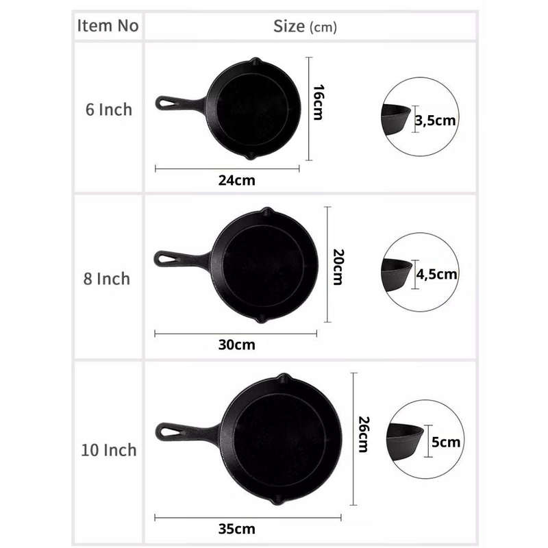 Lifespace Quality 3 Piece Matt Black Cast Iron Skillet Pan Set