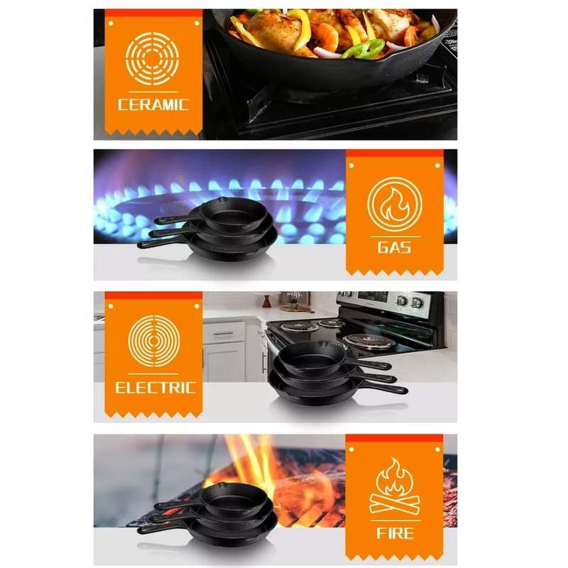 Lifespace Quality 3 Piece Matt Black Cast Iron Skillet Pan Set