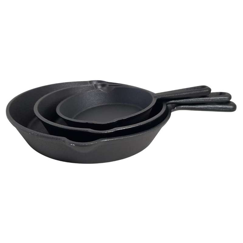 Lifespace Quality 3 Piece Matt Black Cast Iron Skillet Pan Set