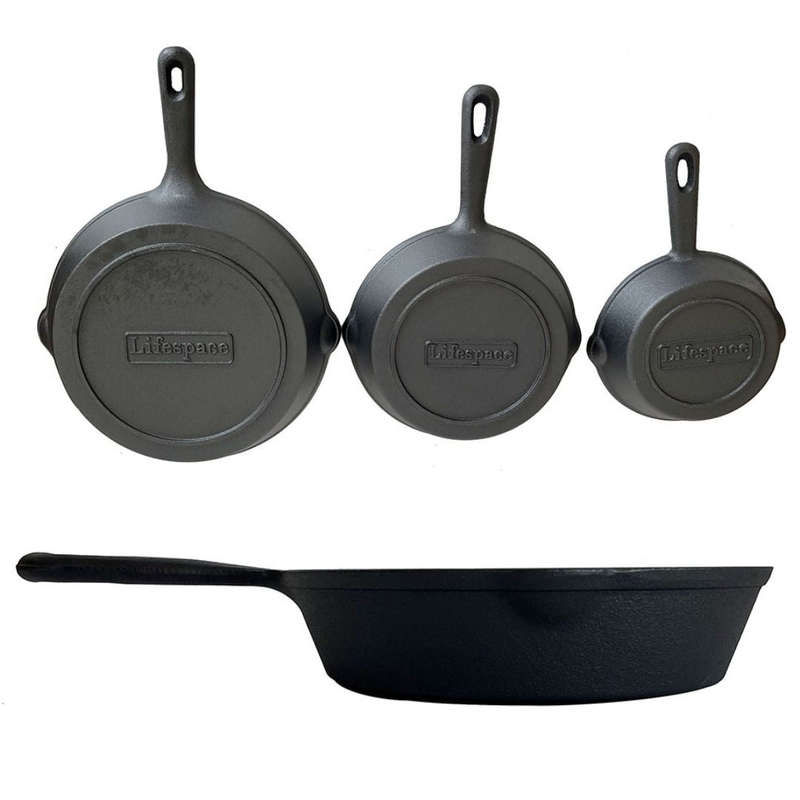 Lifespace Quality 3 Piece Matt Black Cast Iron Skillet Pan Set