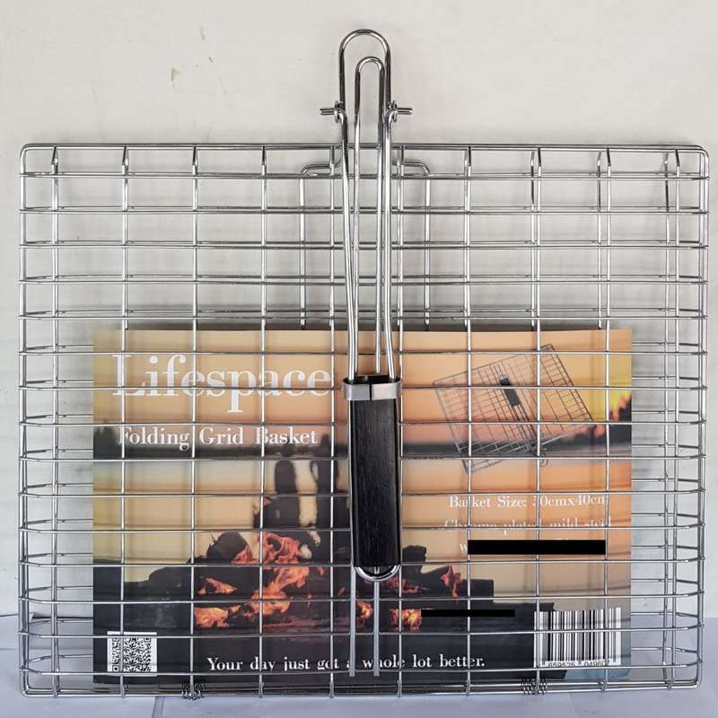 Lifespace Quality Large Braai Grid Basket with Folding Handle - Chrome