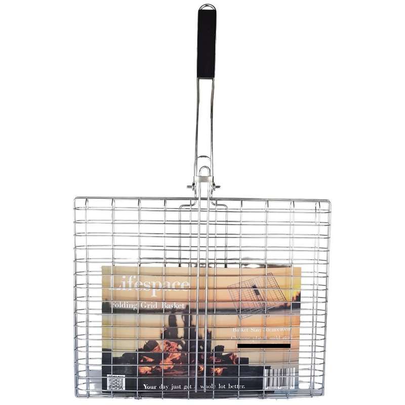 Lifespace Quality Large Braai Grid Basket with Folding Handle - Chrome