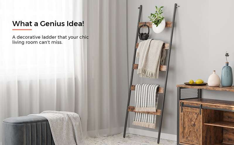 Lifespace Rustic Industrial Blanket & Towel Ladder Rail with Hooks