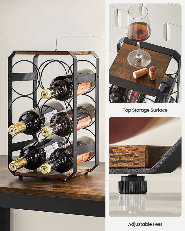 Lifespace Rustic Industrial Countertop Wine Rack - 6-Bottle Wine Holder