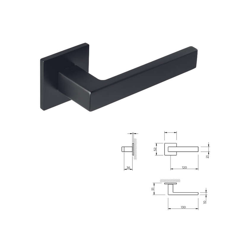 Tupai Modern Square Lever Door Handle on Square Rose in Matt Black