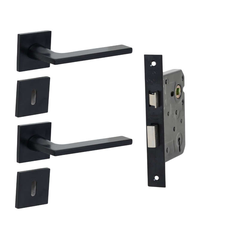 Modern Matt Black Door Handle on Square Rose with Two Lever Mortic Lock in Black