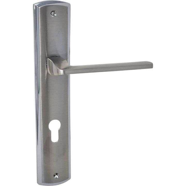 Brushed Chrome Lever Handle on Backplate - 85mm - Cylinder cutout