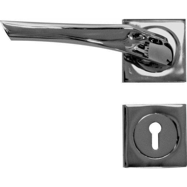 Indented lever handle on rose - shiny chrome
