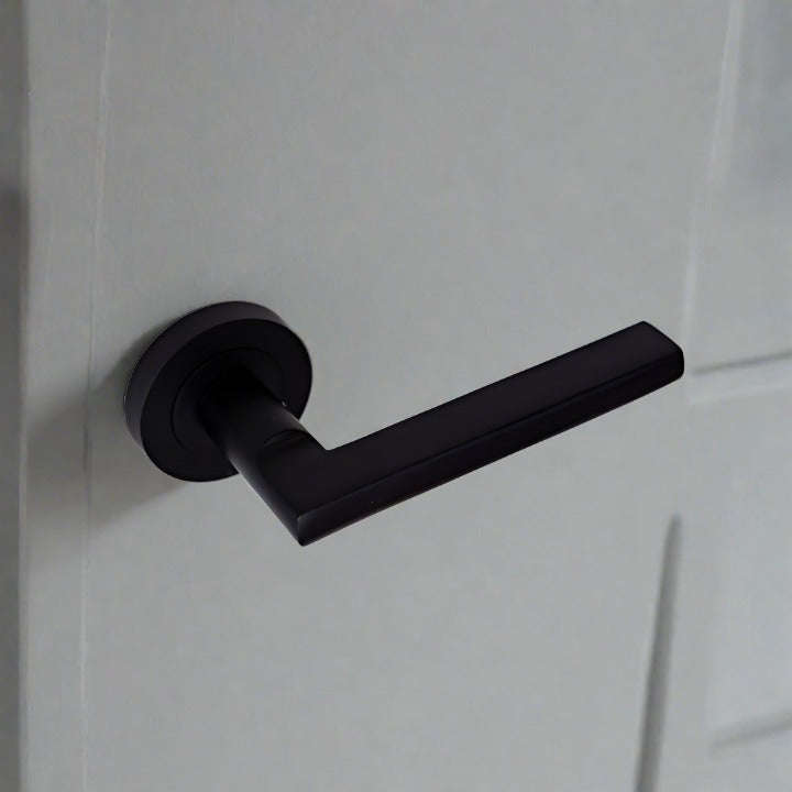 Matt Black Modern Stainless Steel Door Handle on Rose "Pello"