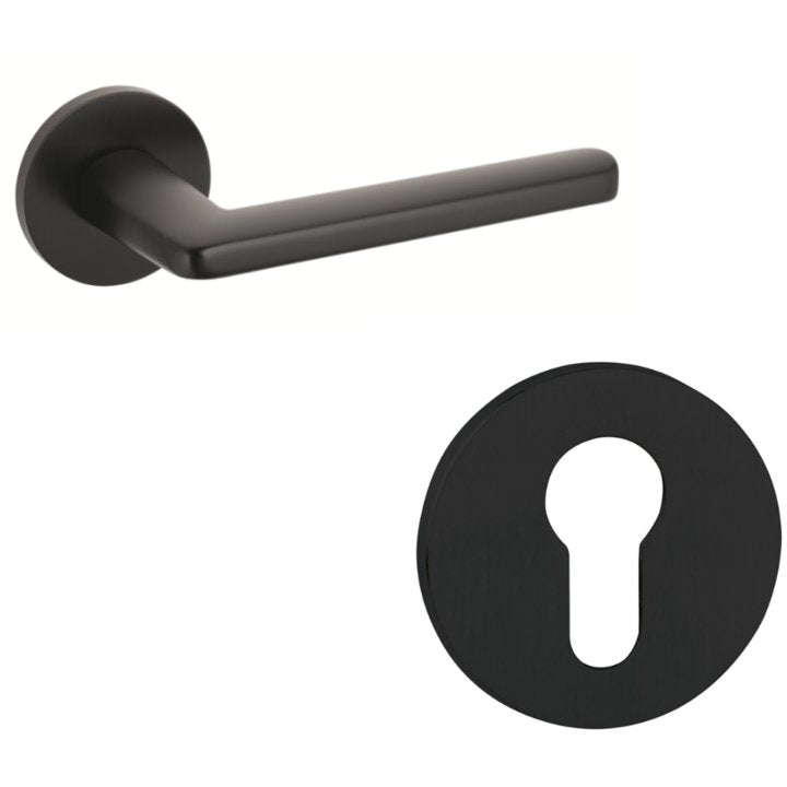 Tupai Modern Door Handle on Round Rose in Matt Black