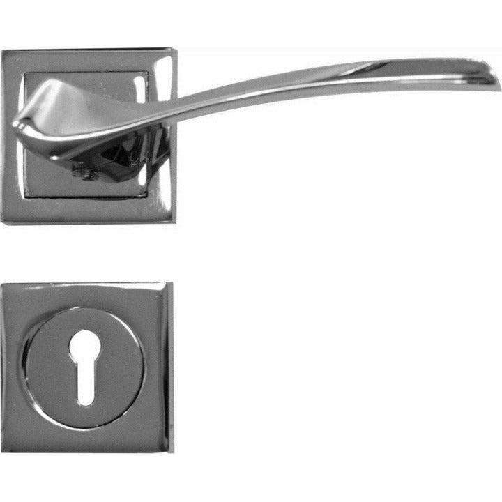 Shiny chrome designer lever handle on square rose
