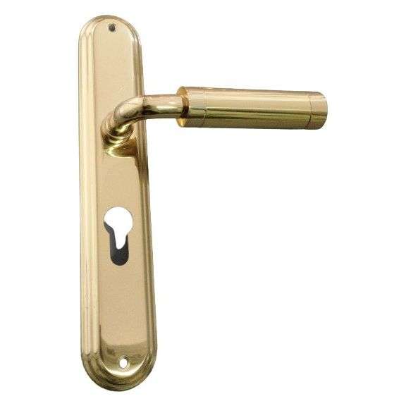 Solid brass designer lever handle on rounded back plate